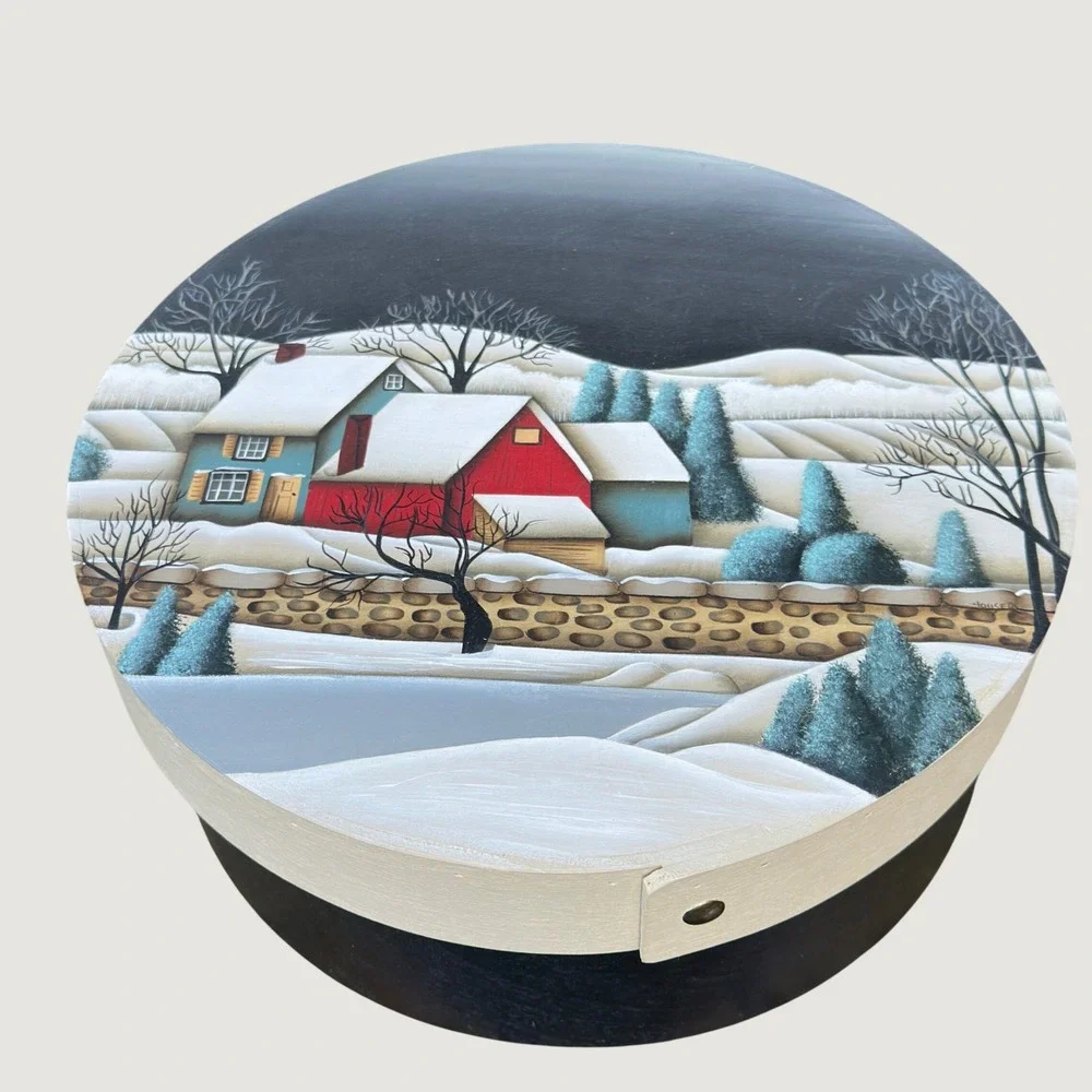 Hand Painted Bentwood Box Winter Folk Art Shaker Round Black 11